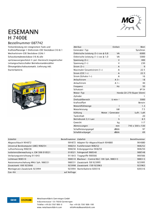 Benzínové elektrocentrály Eisemann H 7400 E