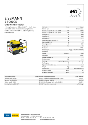Benzínové elektrocentrály Eisemann S 10000 E