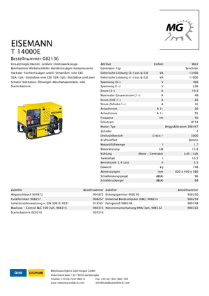 Benzínové elektrocentrály Eisemann T 14000 E