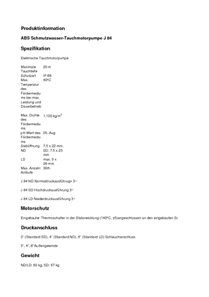 Čerpadla odpadních vod ABS-Pumpen J 84 LD direkt